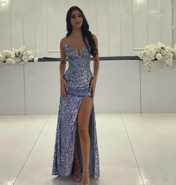 Dazzling Periwinkle-Blue Sequin Mermaid Prom Dress with V-neck and Spaghetti Straps.