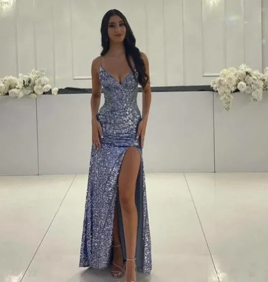Dazzling Periwinkle-Blue Sequin Mermaid Prom Dress with V-neck and Spaghetti Straps.