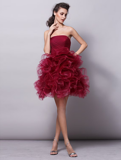 Dazzling Strapless Ball Gown Ruched Tiered Tulle Short Homecoming Cocktail Dress.