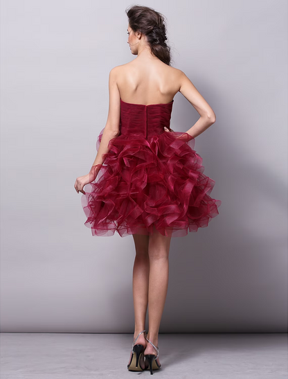 Dazzling Strapless Ball Gown Ruched Tiered Tulle Short Homecoming Cocktail Dress.