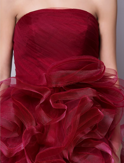Dazzling Strapless Ball Gown Ruched Tiered Tulle Short Homecoming Cocktail Dress.