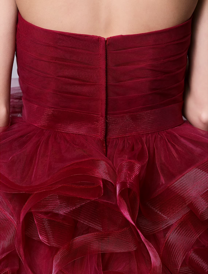 Dazzling Strapless Ball Gown Ruched Tiered Tulle Short Homecoming Cocktail Dress.
