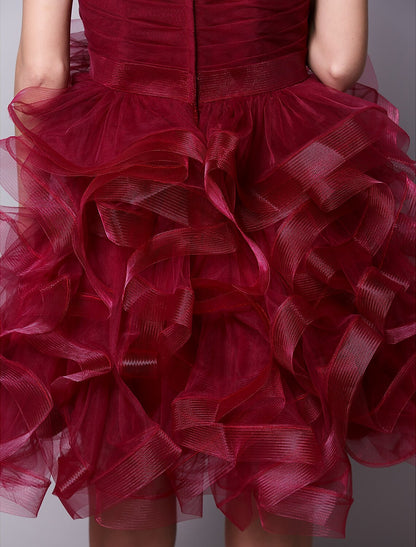 Dazzling Strapless Ball Gown Ruched Tiered Tulle Short Homecoming Cocktail Dress.