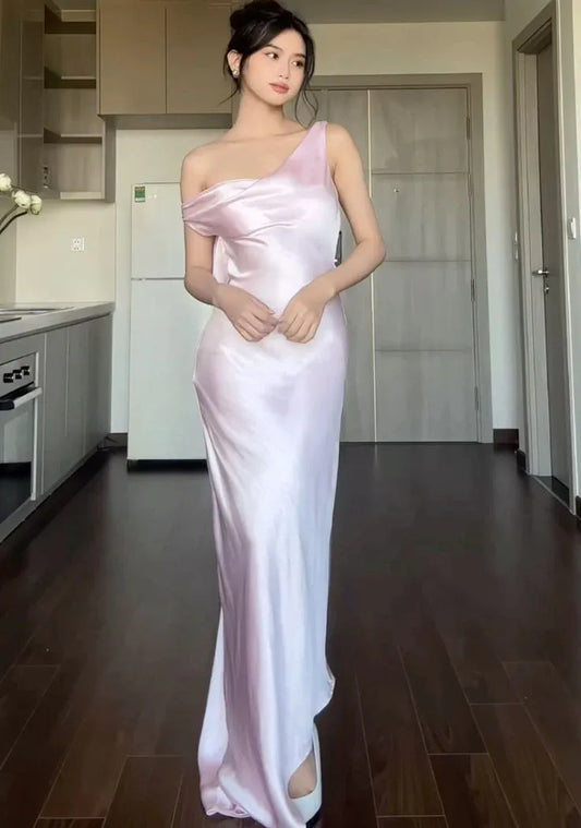 Delicate Sheath One-Shoulder Draped Pale Pink Floor-Length Prom Dress.