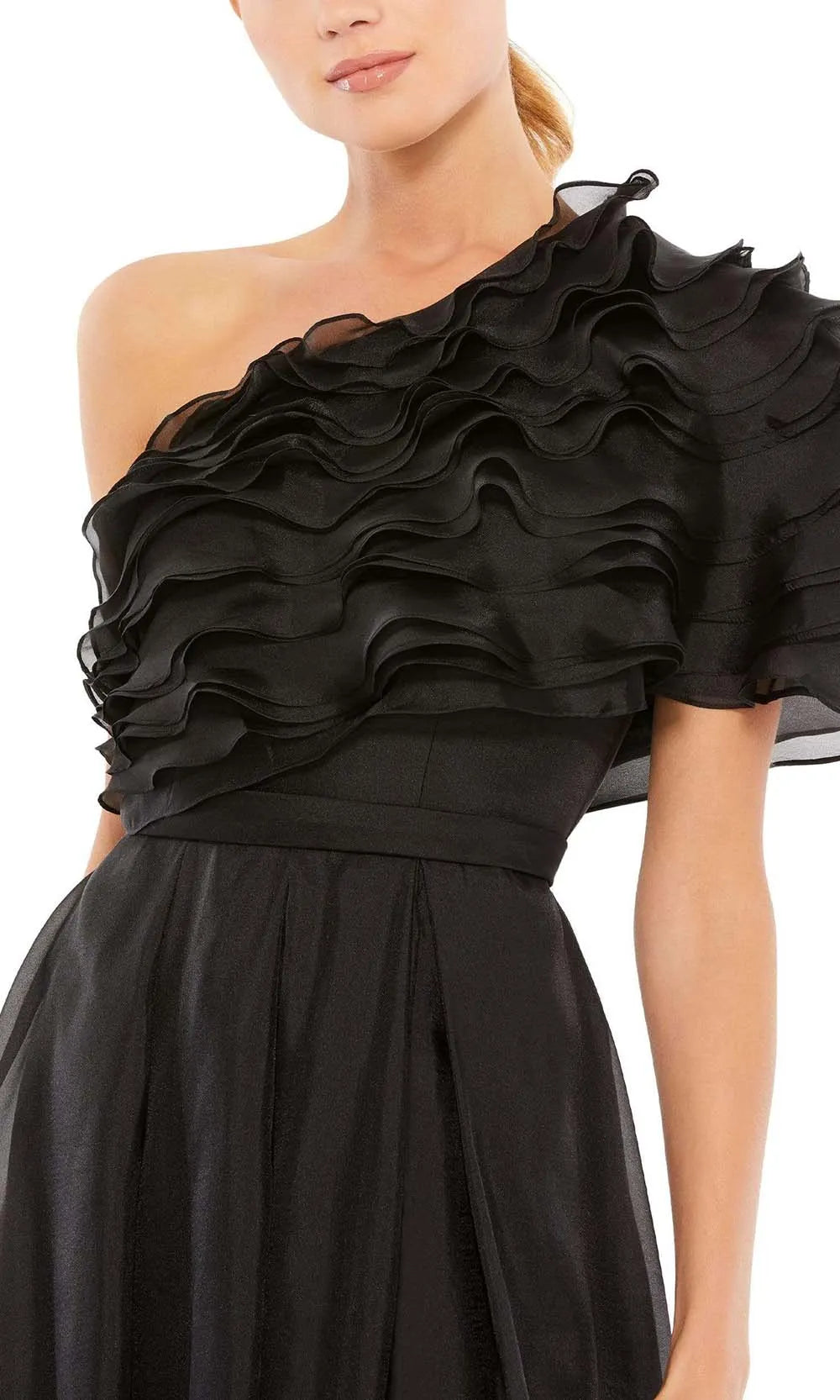 Dramatic A-Line One Shoulder Ruffle Sleeve Open Back Floor Length Prom Dress