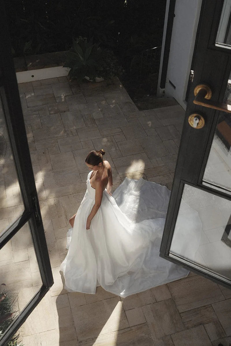 Dramatic Ball Gown Sweetheart Strapless Open Back Train Length Wedding Dress