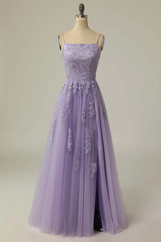Dreamy A-Line Square Neck Spaghetti Strap Floral Lace Lavender Tulle Slit Prom Gown.