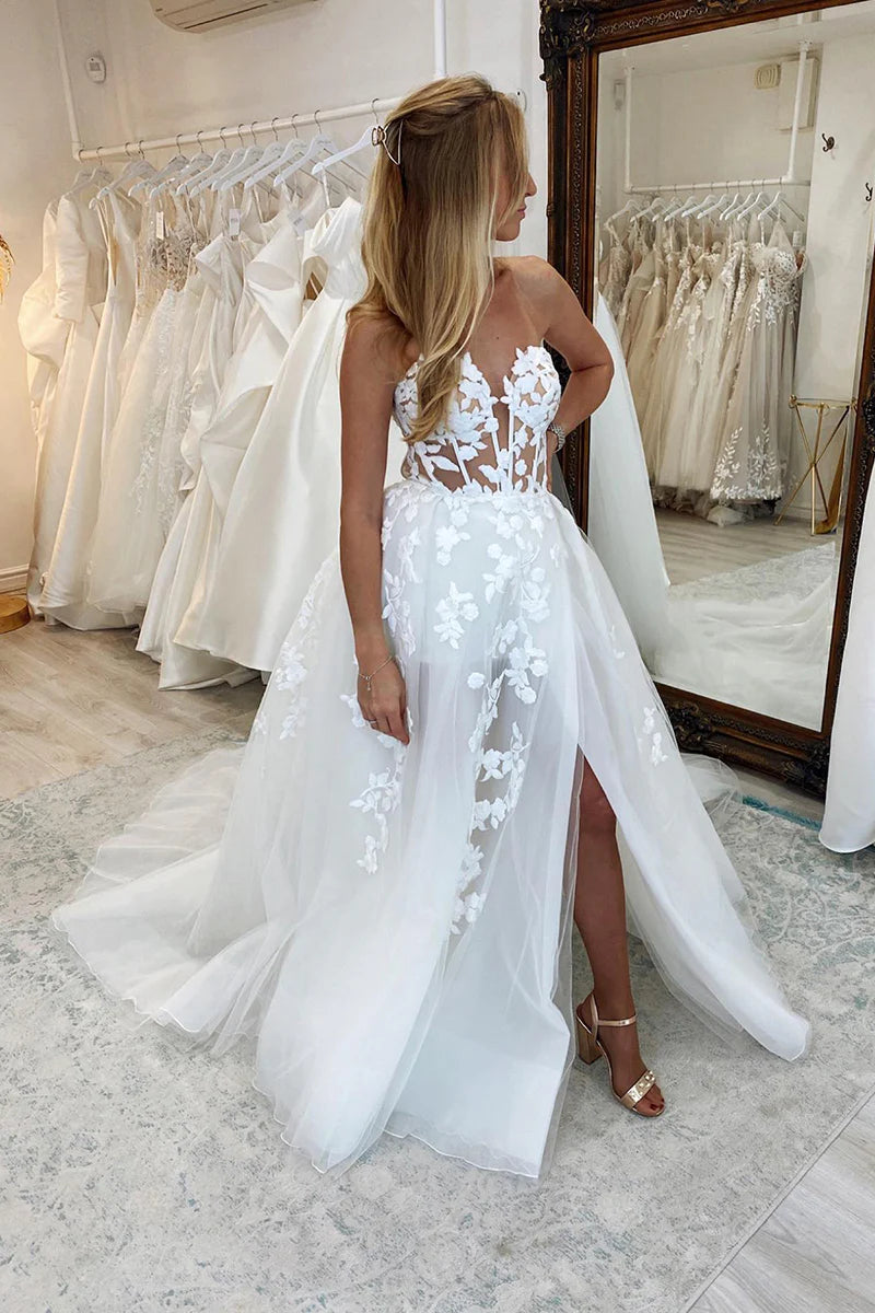 Dreamy A-Line Strapless High-Slit Open-Back Train-Length Wedding Dress