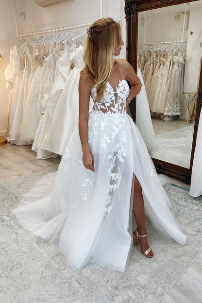 Dreamy A-Line Strapless High-Slit Open-Back Train-Length Wedding Dress