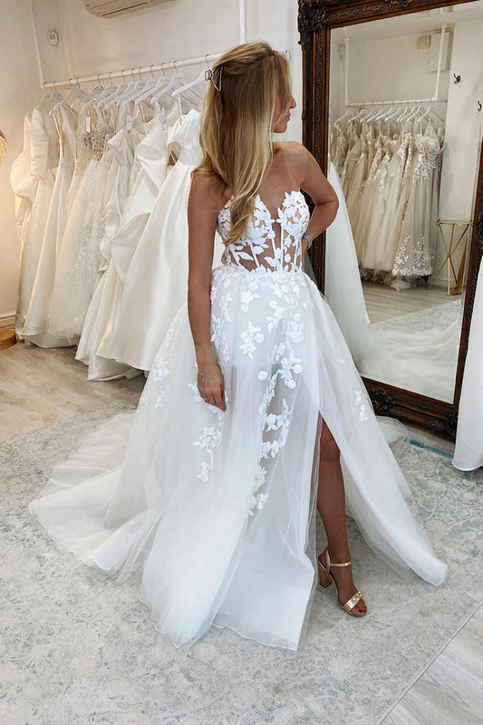 Dreamy A-Line Strapless High-Slit Open-Back Train-Length Wedding Dress