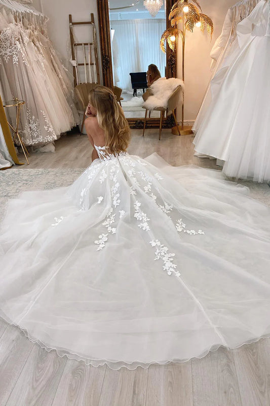 Dreamy A-Line Strapless High-Slit Open-Back Train-Length Wedding Dress