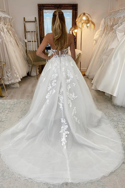 Dreamy A-Line Strapless High-Slit Open-Back Train-Length Wedding Dress