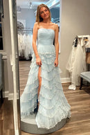 Dreamy A-Line Strapless Sleeveless Open-Back Ruffle-Tier High-Slit Evening Dress