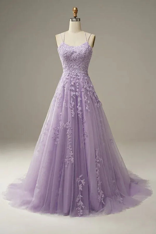 Lavender A-line prom dress with floral lace and spaghetti straps.