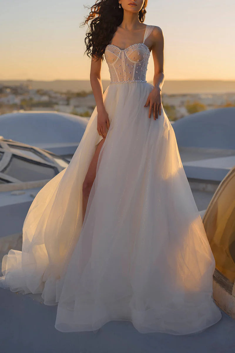 Dreamy Ball-Gown Sweetheart Spaghetti Strap Lace Up Back Train Length Wedding Dress