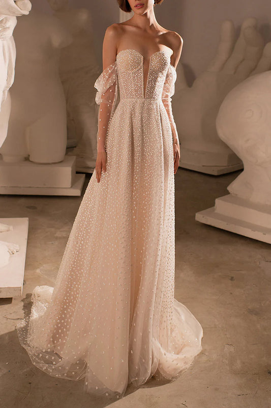 Dreamy Mermaid Strapless Sweetheart Lace Open-Back Train-Length Wedding Dress