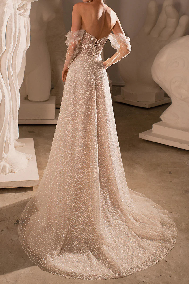 Dreamy Mermaid Strapless Sweetheart Lace Open-Back Train-Length Wedding Dress
