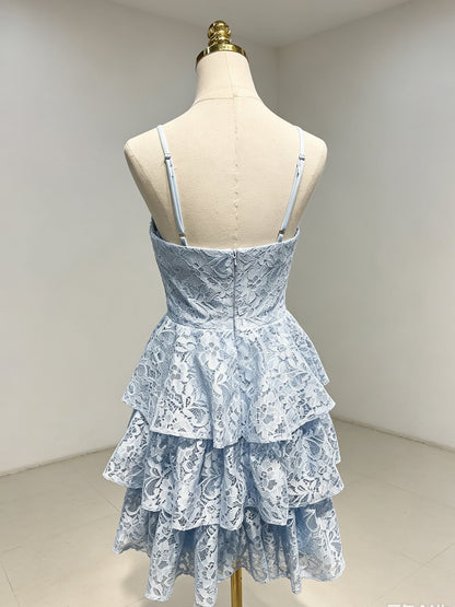 Sky Blue Lace tiered sweetheart zipper-back Mini Dress