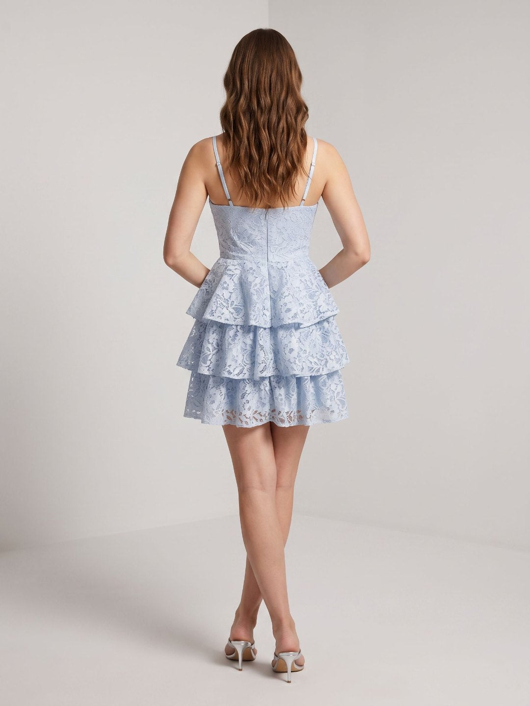 Sky Blue Lace tiered sweetheart zipper-back Mini Dress