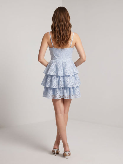 Sky Blue Lace tiered sweetheart zipper-back Mini Dress
