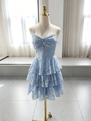 Sky Blue Lace tiered sweetheart zipper-back Mini Dress
