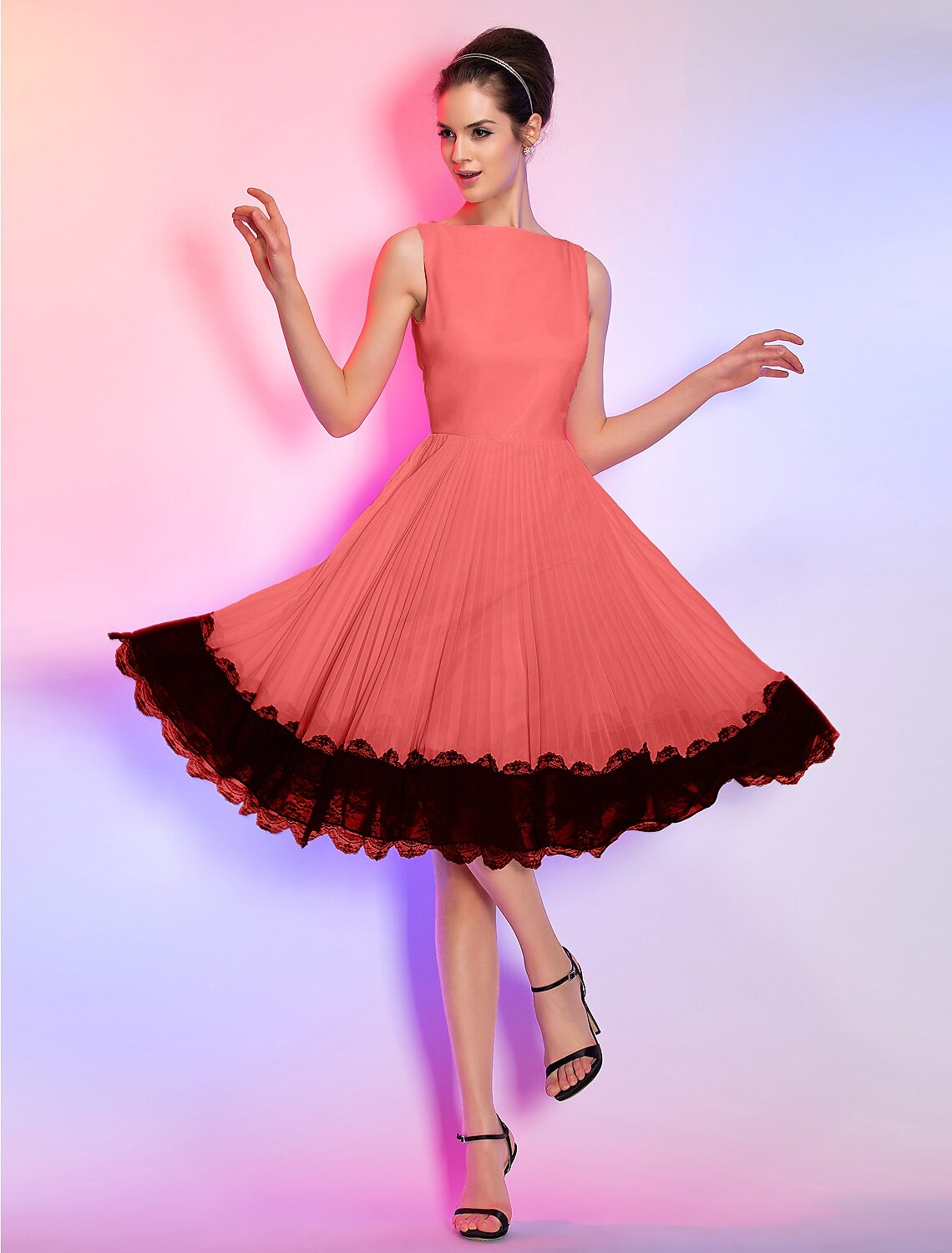 Elegant A-Line Boat Neck Vintage Lace Chiffon Knee Length Homecoming Dress.