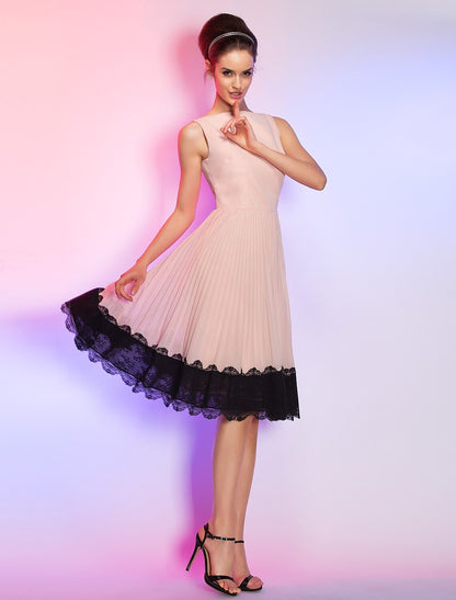 Elegant A-Line Boat Neck Vintage Lace Chiffon Knee Length Homecoming Dress.