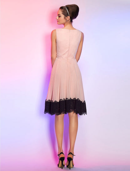 Elegant A-Line Boat Neck Vintage Lace Chiffon Knee Length Homecoming Dress.