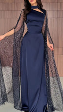 Elegant A-Line Choker Neck Cape Sleeve Sequin Tulle Satin Navy Blue Prom Dress.
