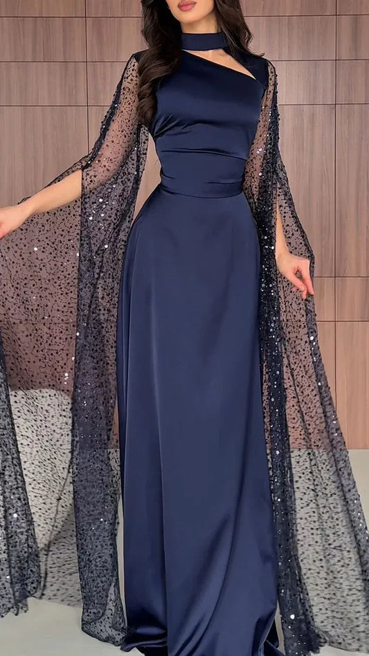 Elegant A-Line Choker Neck Cape Sleeve Sequin Tulle Satin Navy Blue Prom Dress.