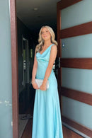 Elegant A-Line Cowl Neck One-Shoulder Open Back Floor-Length Light Blue Satin Evening Dresses