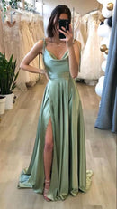 Elegant A-Line Cowl-Neck Spaghetti-Strap High-Slit Sage Green Floor-Length Prom Dress.