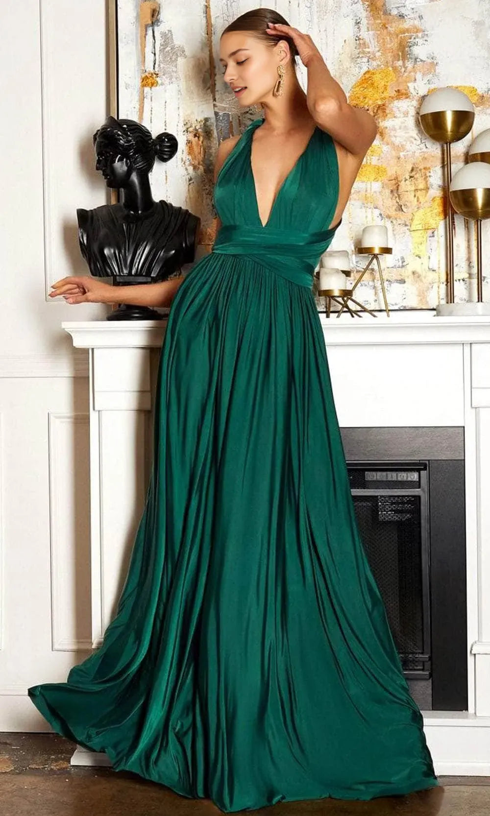 Elegant A-Line Deep V Halter Crisscross Back Train Length Prom Dress