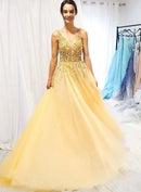 Elegant A-Line Deep-V Spaghetti Strap Gold Beaded Tulle Pale Yellow Prom Dress.