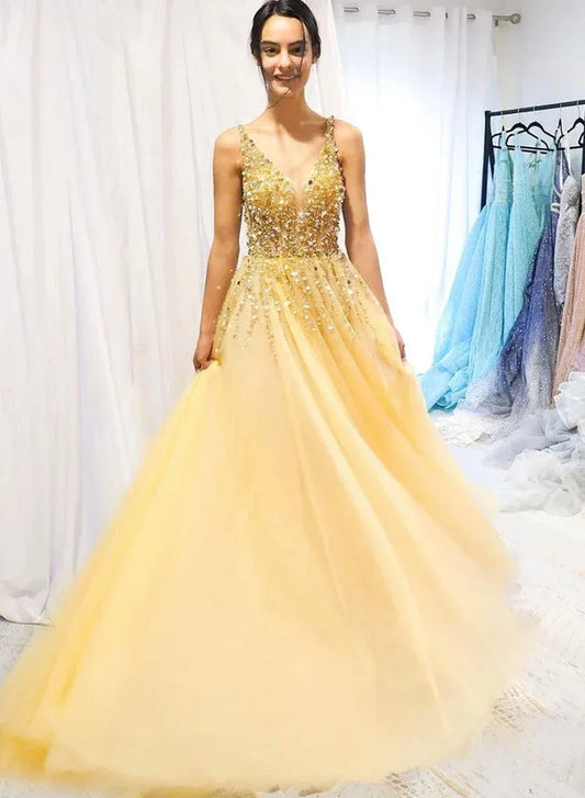Elegant A-Line Deep-V Spaghetti Strap Gold Beaded Tulle Pale Yellow Prom Dress.