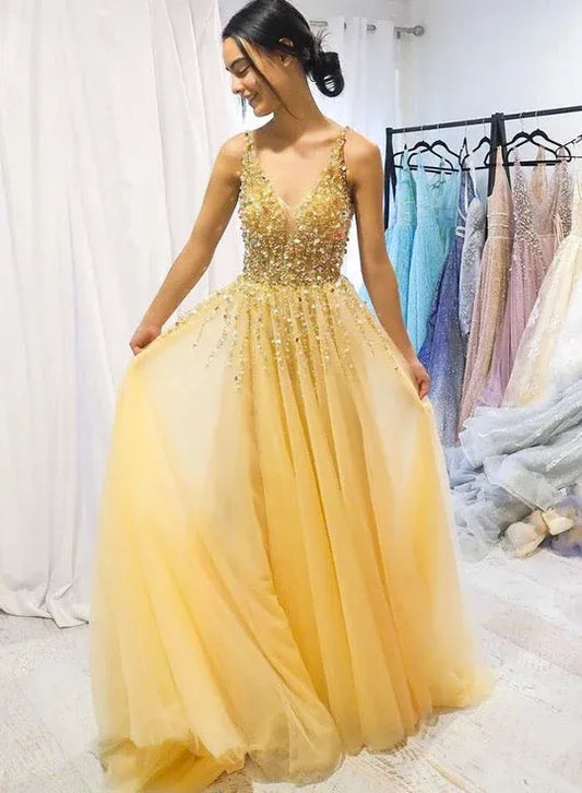 Elegant A-Line Deep-V Spaghetti Strap Gold Beaded Tulle Pale Yellow Prom Dress.