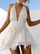 Elegant A-Line Halter Beaded Mini Homecoming Dress.