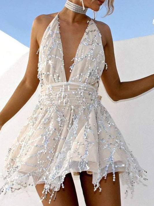 Elegant A-Line Halter Beaded Mini Homecoming Dress.