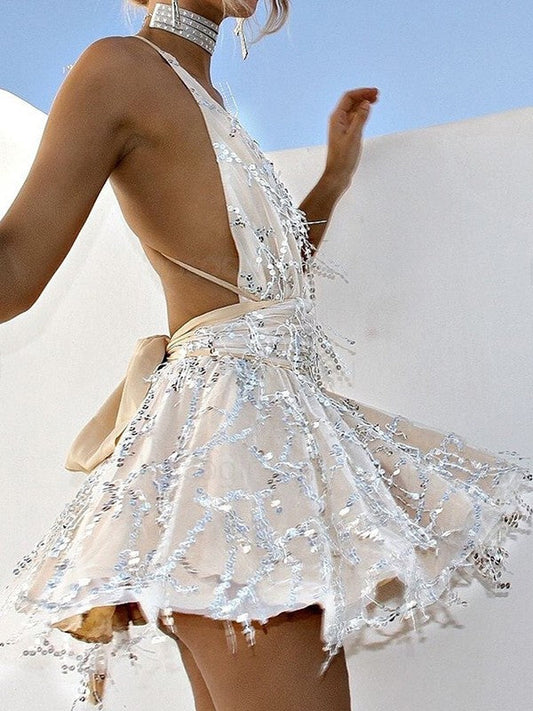 Elegant A-Line Halter Beaded Mini Homecoming Dress.