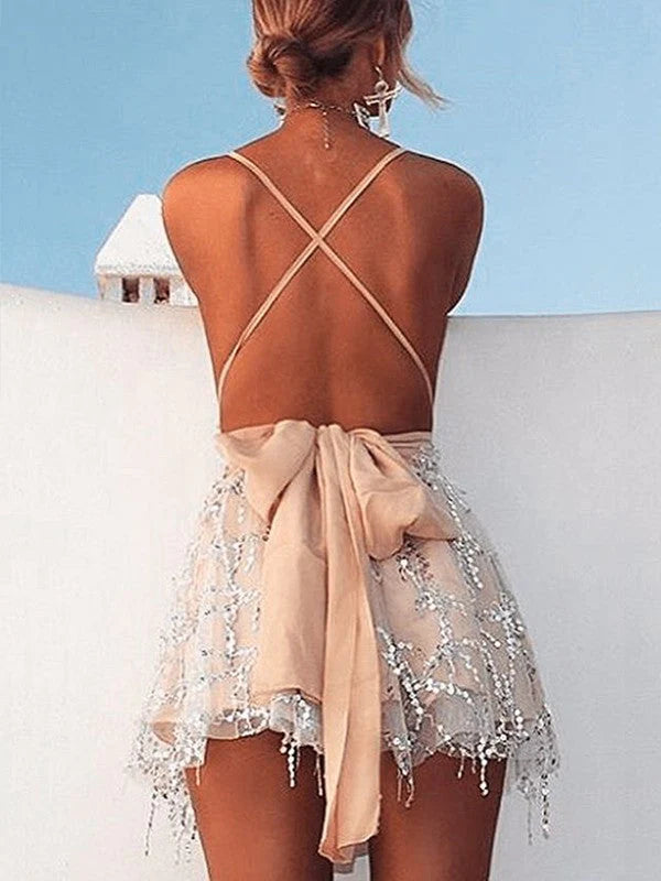 Elegant A-Line Halter Beaded Mini Homecoming Dress.