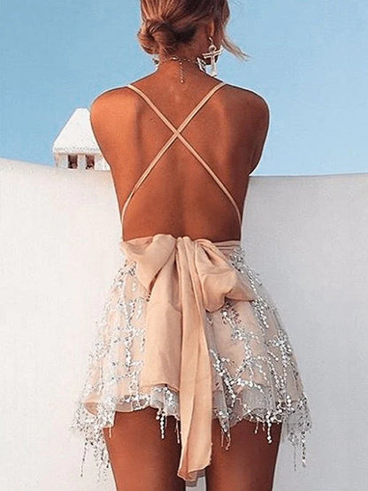 Elegant A-Line Halter Beaded Mini Homecoming Dress.