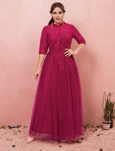 Elegant A-Line High Neck Half Sleeve Lace Formal Plus Size Gown.