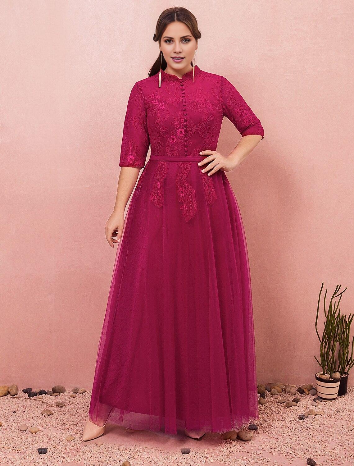 Elegant A-Line High Neck Half Sleeve Lace Formal Plus Size Gown.