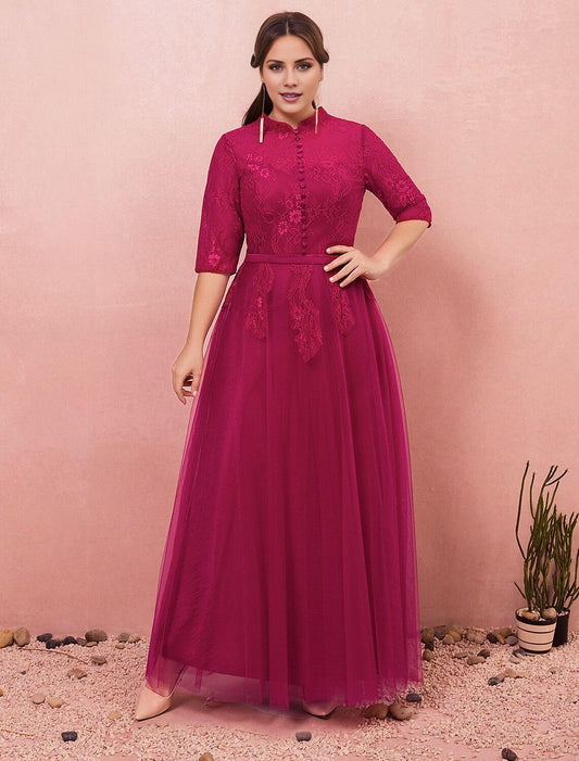 Elegant A-Line High Neck Half Sleeve Lace Formal Plus Size Gown.