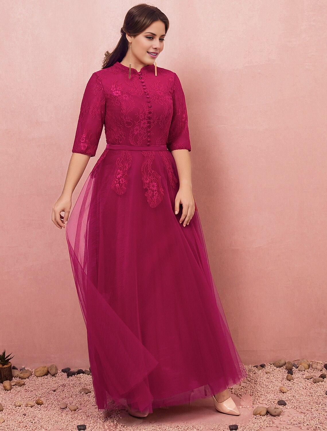Elegant A-Line High Neck Half Sleeve Lace Formal Plus Size Gown.