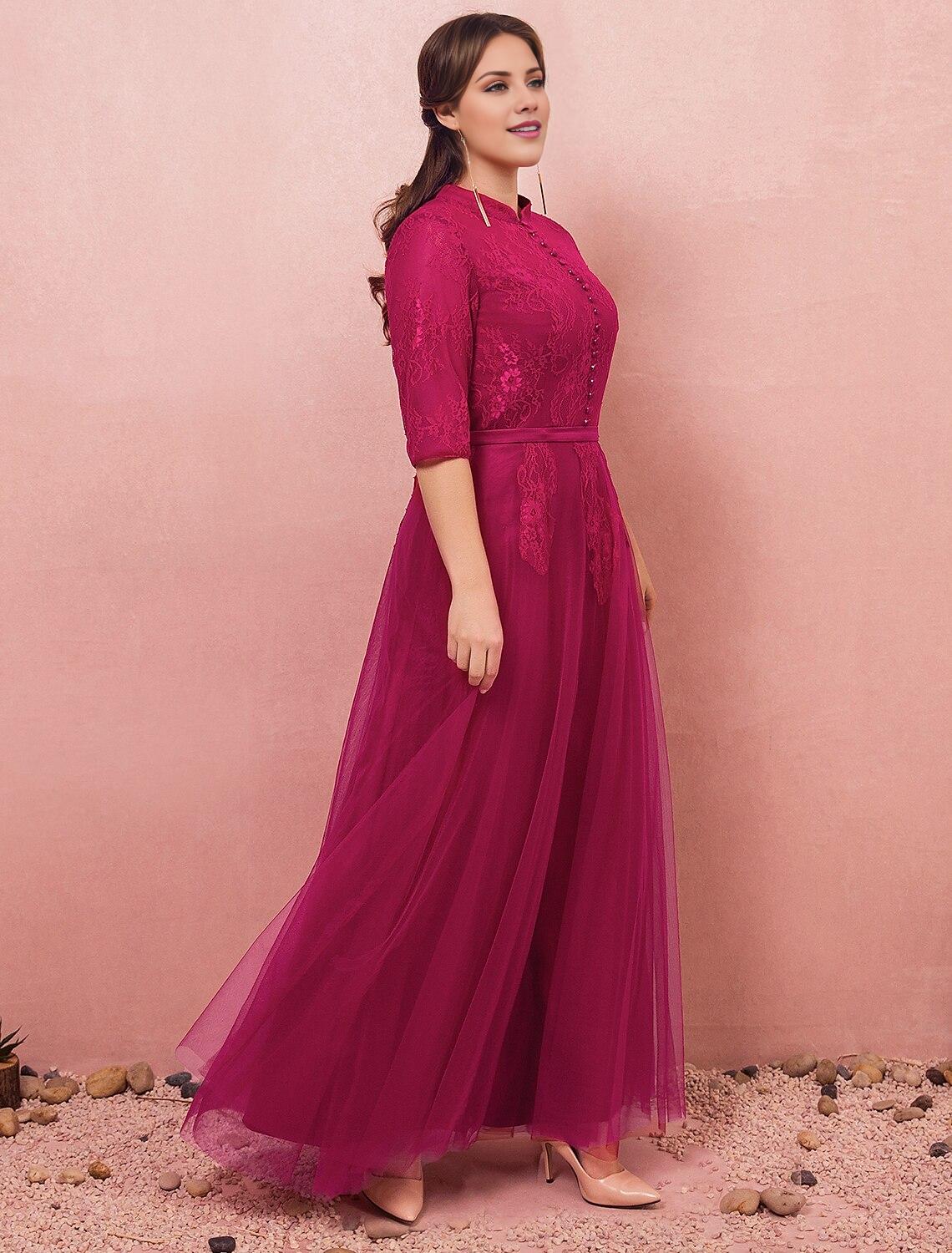 Elegant A-Line High Neck Half Sleeve Lace Formal Plus Size Gown.