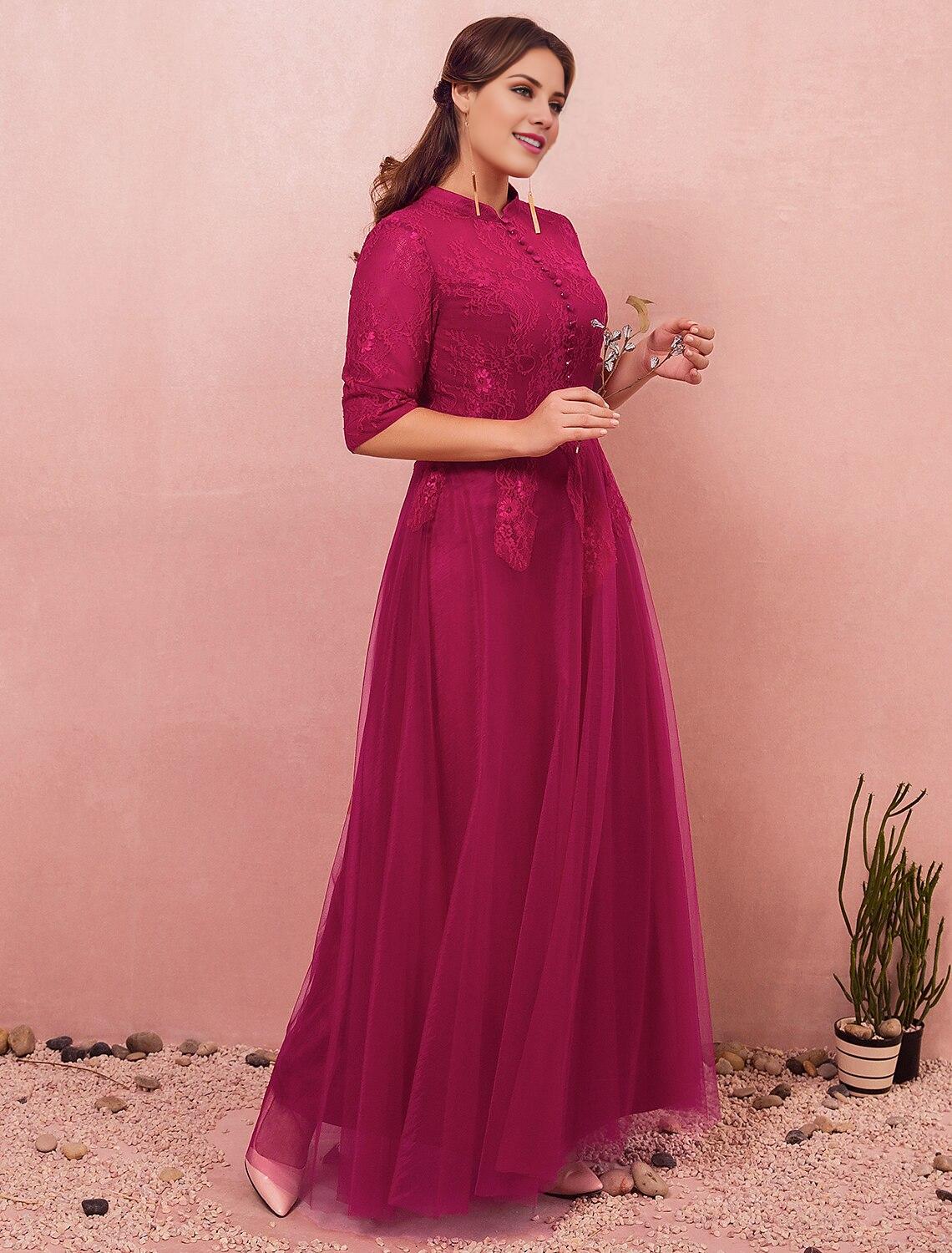 Elegant A-Line High Neck Half Sleeve Lace Formal Plus Size Gown.