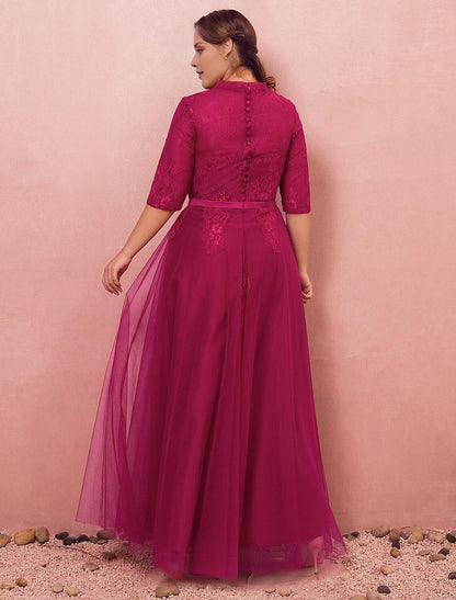 Elegant A-Line High Neck Half Sleeve Lace Formal Plus Size Gown.