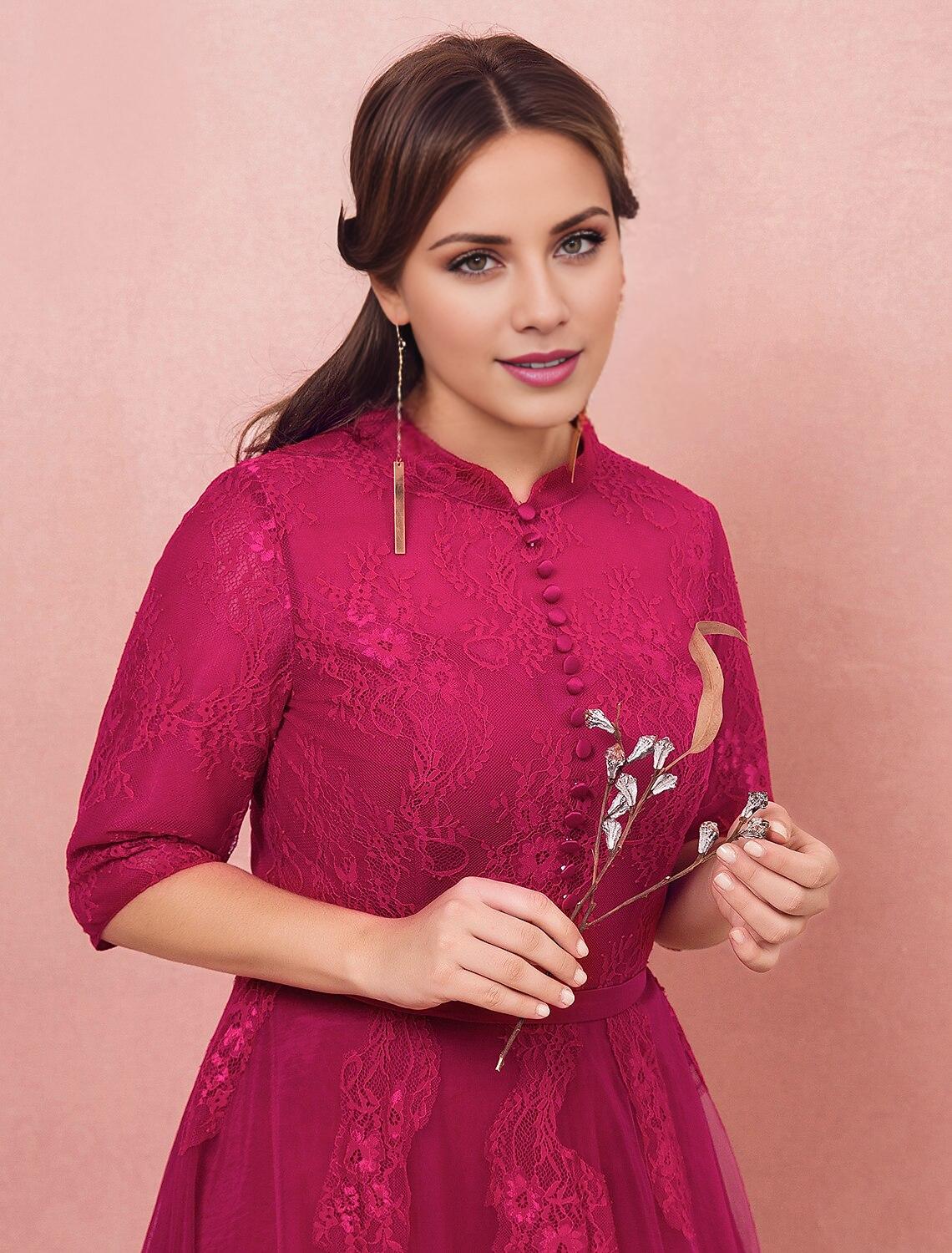 Elegant A-Line High Neck Half Sleeve Lace Formal Plus Size Gown.
