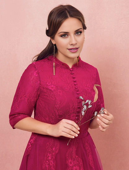 Elegant A-Line High Neck Half Sleeve Lace Formal Plus Size Gown.